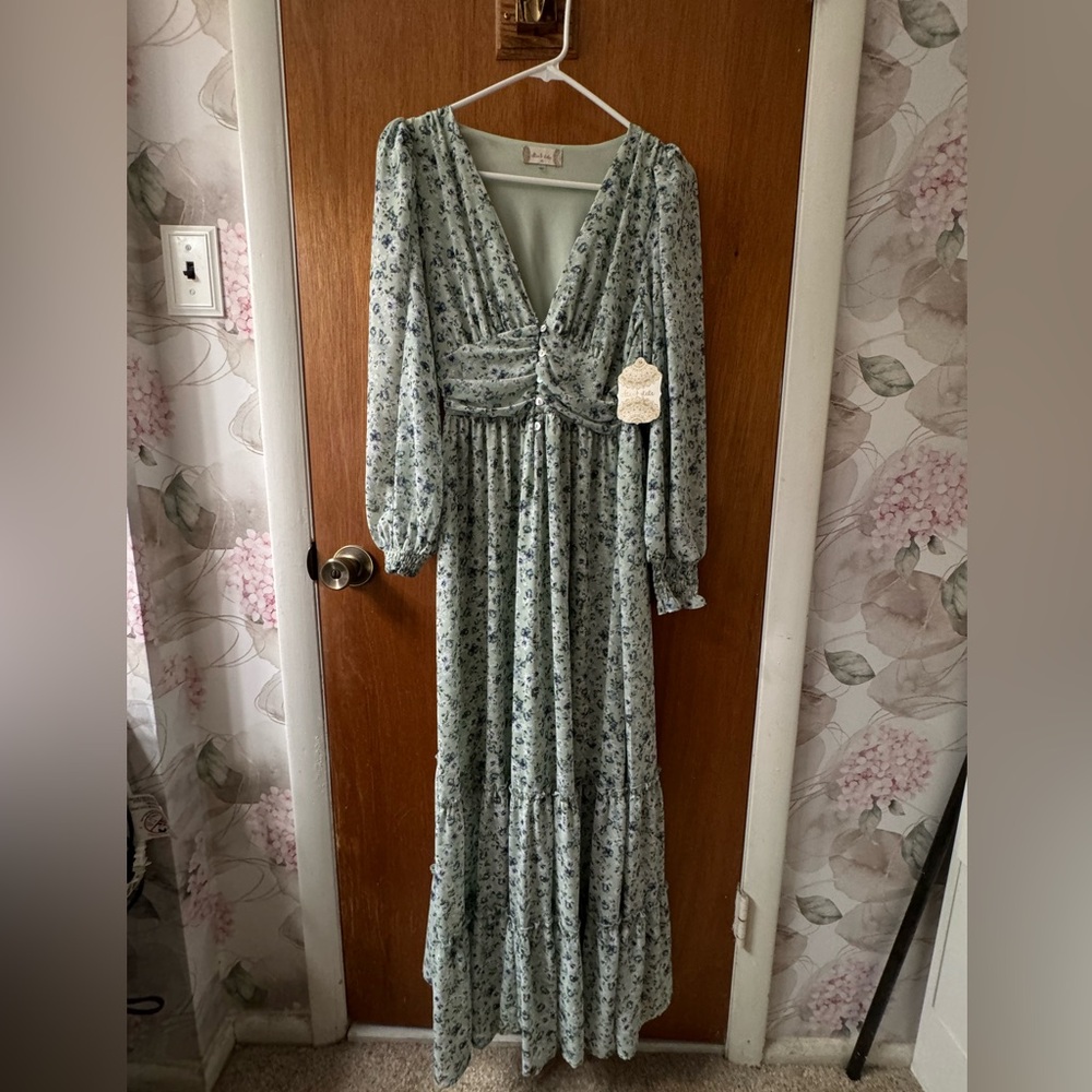 Light Blue Floral Maxi Dress with V-Neck